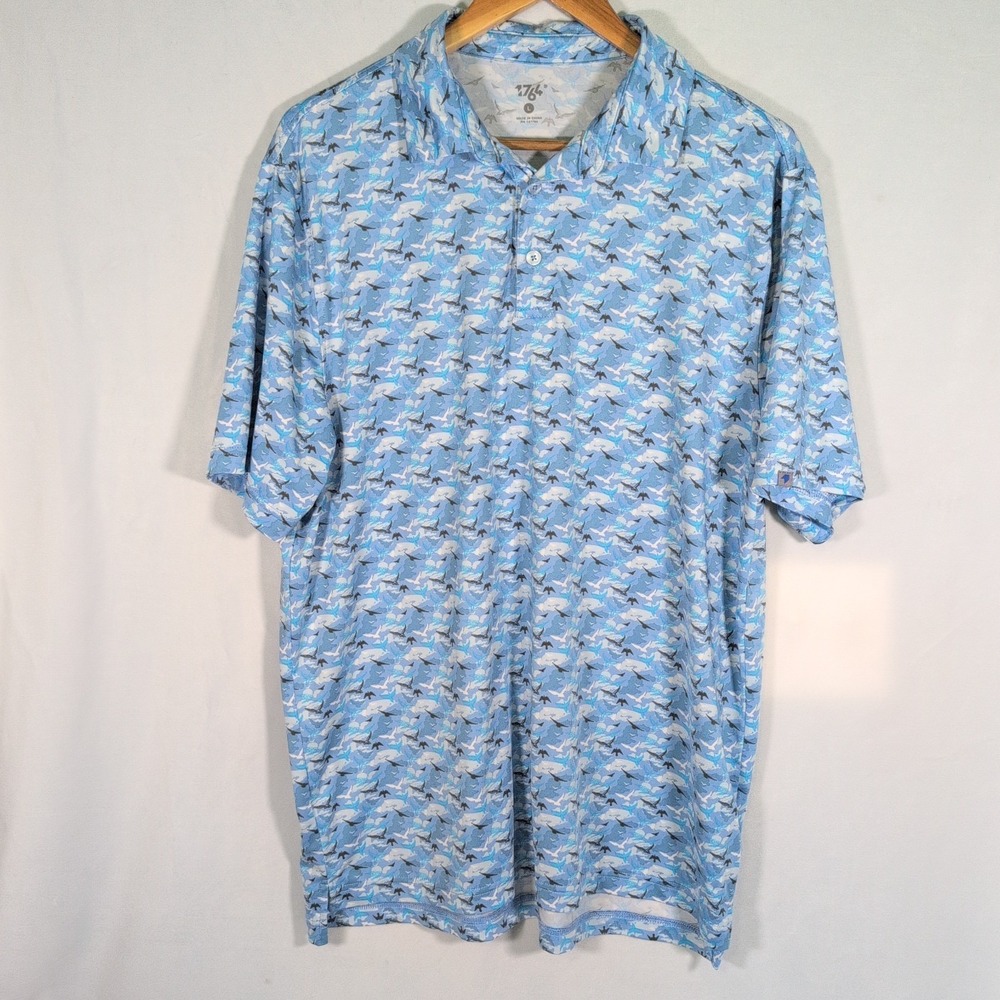 1764 Signature Polo Shirt Men Large Blue AOP Flock Of Birds Golf Short Sleeve
